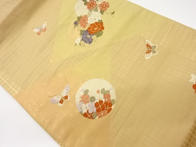 丸文に花々・蝶模様織出し名古屋帯